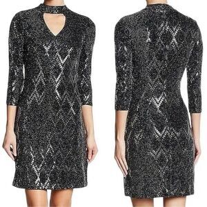 Eliza J Cocktail Chocker Sheath Holiday Dress Black Silver 8